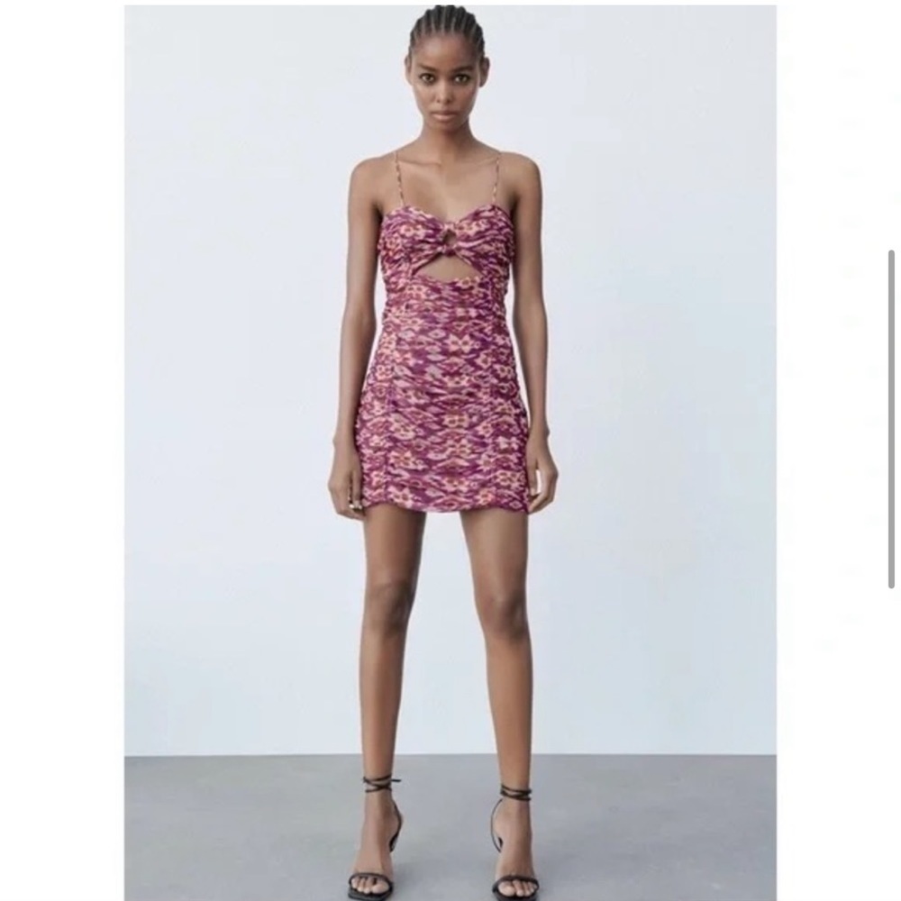 NWT Zara Retro Printed Double Knot Ruched Mini Dress - Picture 3 of 15